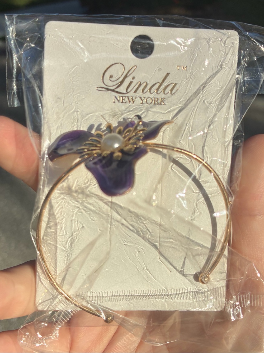 Linda New York Gold Purple Enamel Floral Open Cuff Bangle Bracelet NWT - Picture 2 of 6